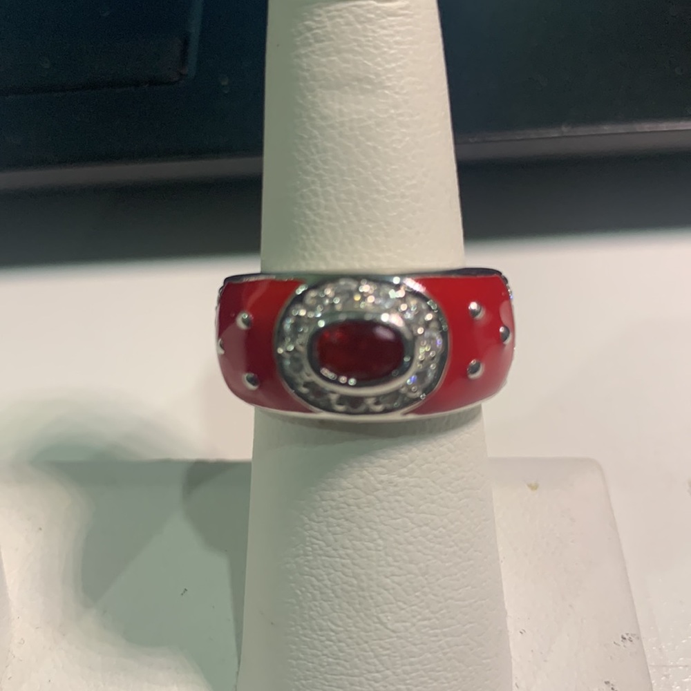 Vintage signed RP sterling silver red enamel ring rhinestones red & clear Sz 6.5 - Picture 2 of 11